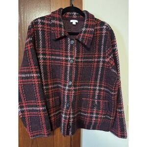 J. Jill Plaid Wool Blend Knit Shacket Burgundy Red Button Front Jacket 2X